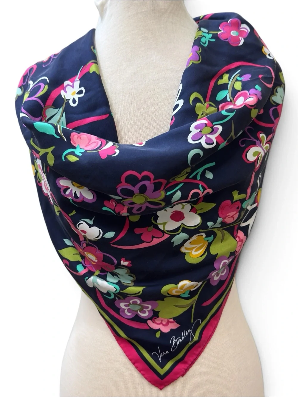 Vera Bradley Large Square Floral Scarf Navy Pink 33” Vivid Print